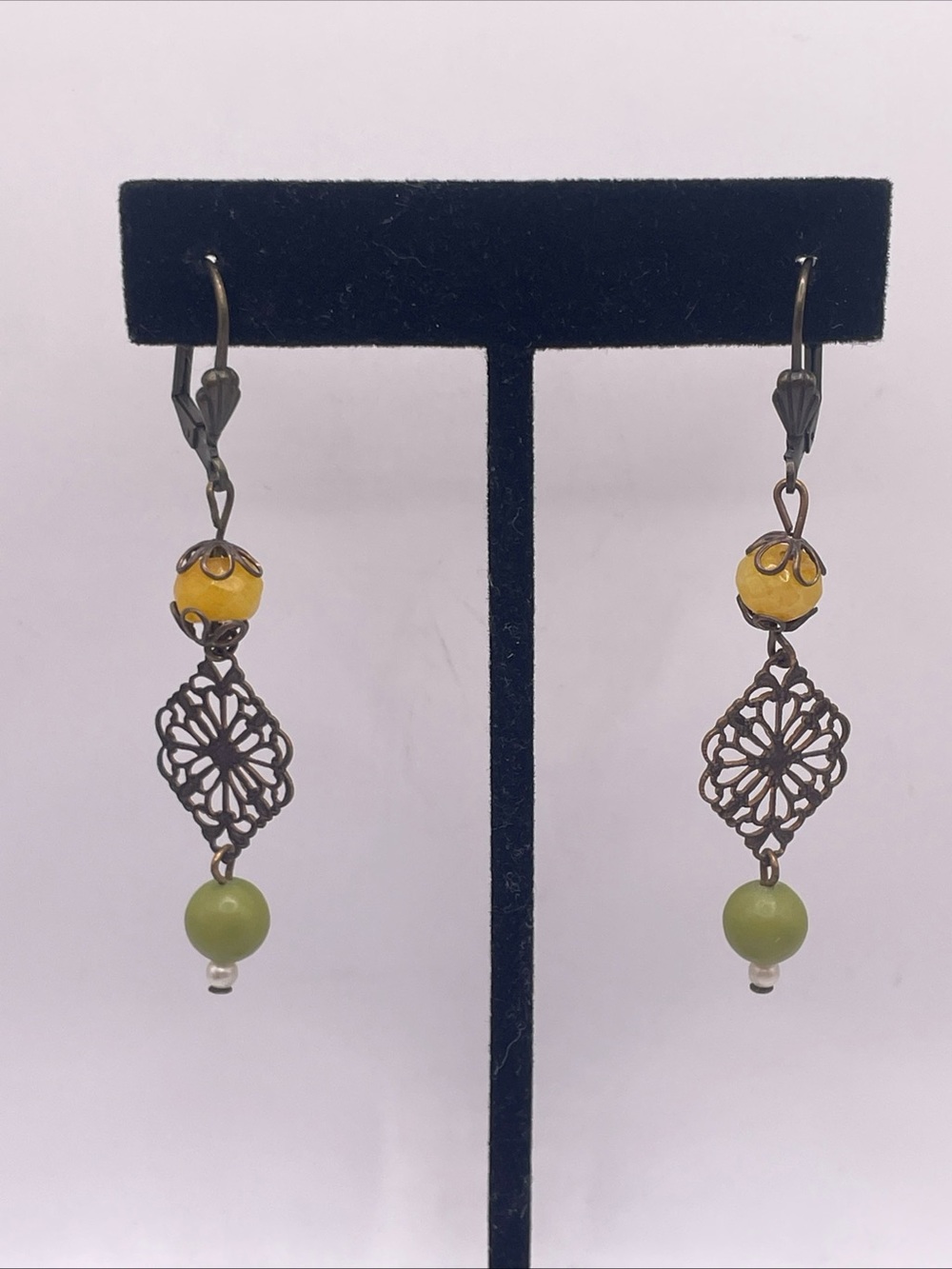 Vintage Artisan Handcrafted Dangle Earrings Diamond Shape Antique Bronze